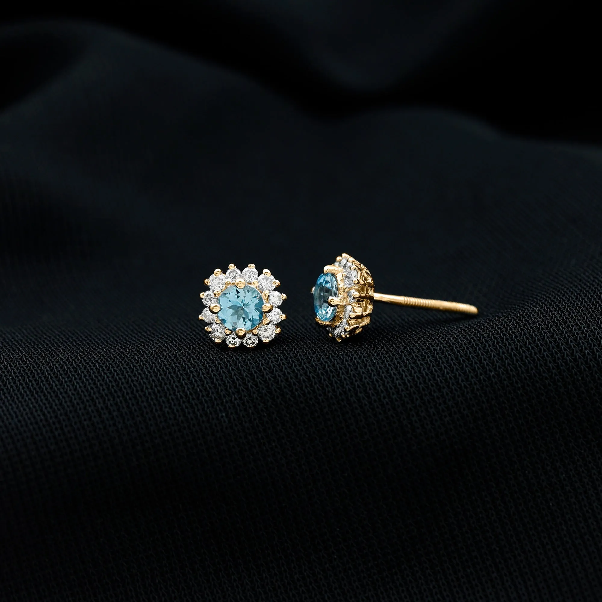 1 CT Classic Aquamarine and Diamond Halo Stud Earrings