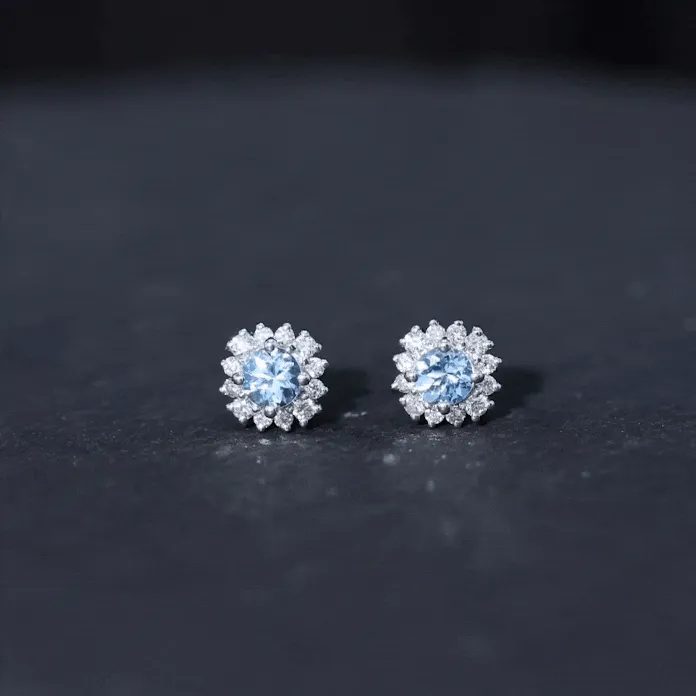 1 CT Classic Aquamarine and Diamond Halo Stud Earrings