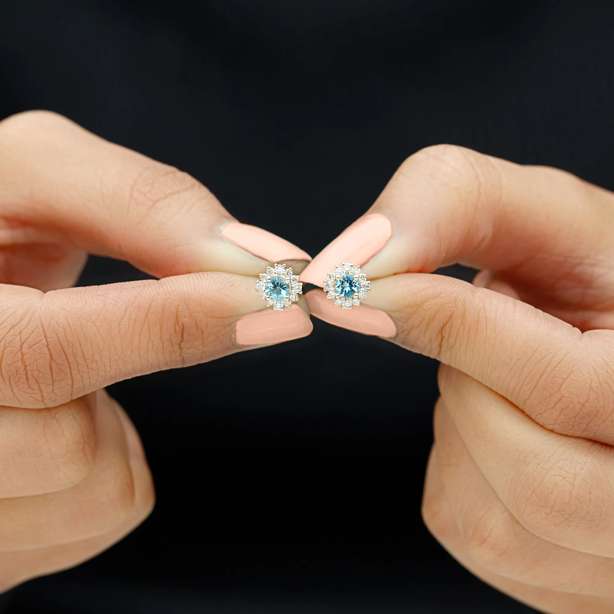 1 CT Classic Aquamarine and Diamond Halo Stud Earrings