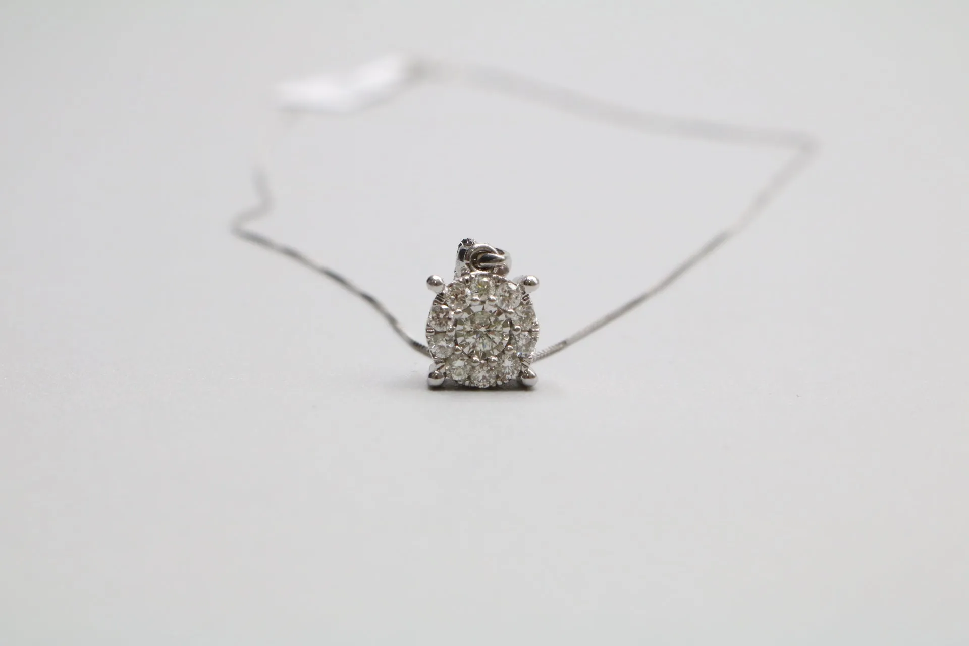 14K White Gold Box Necklace with a 14K White Gold Diamond Round Charm