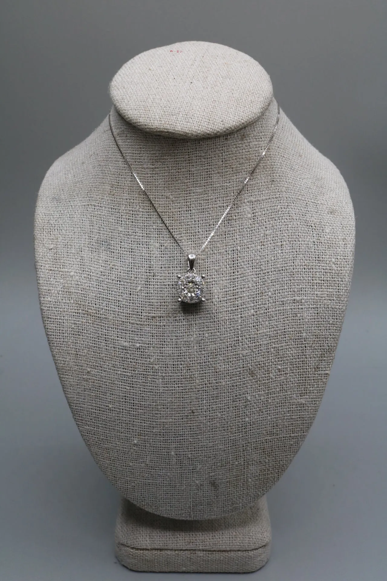 14K White Gold Box Necklace with a 14K White Gold Diamond Round Charm