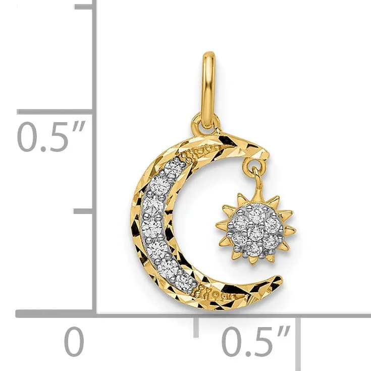 14k Yellow Gold Open Back Solid Polished Diamond Cut Finish Cubic Zirconia Moon and Star Design Charm Pendant