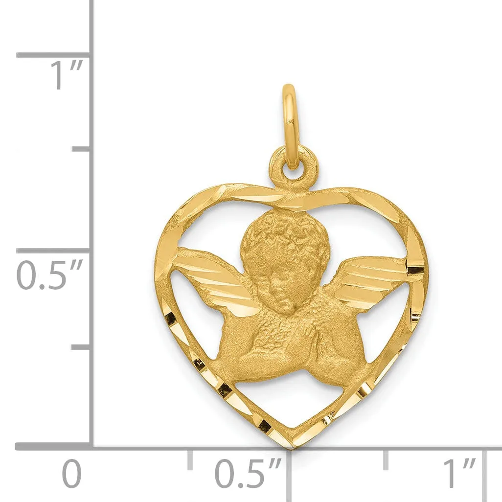 14k Yellow Gold Satin D.C Finish Solid Angel in Heart Pendant