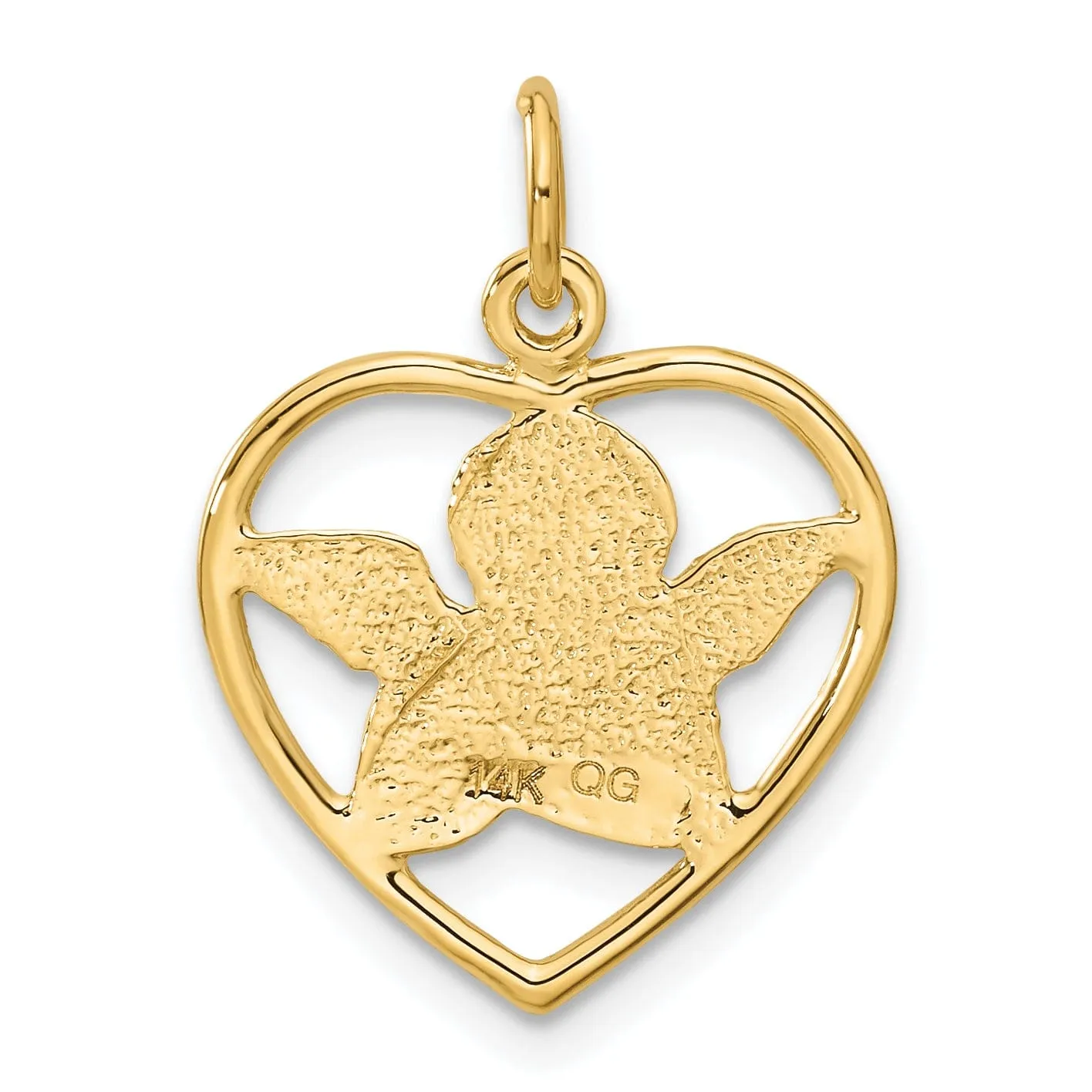 14k Yellow Gold Satin D.C Finish Solid Angel in Heart Pendant