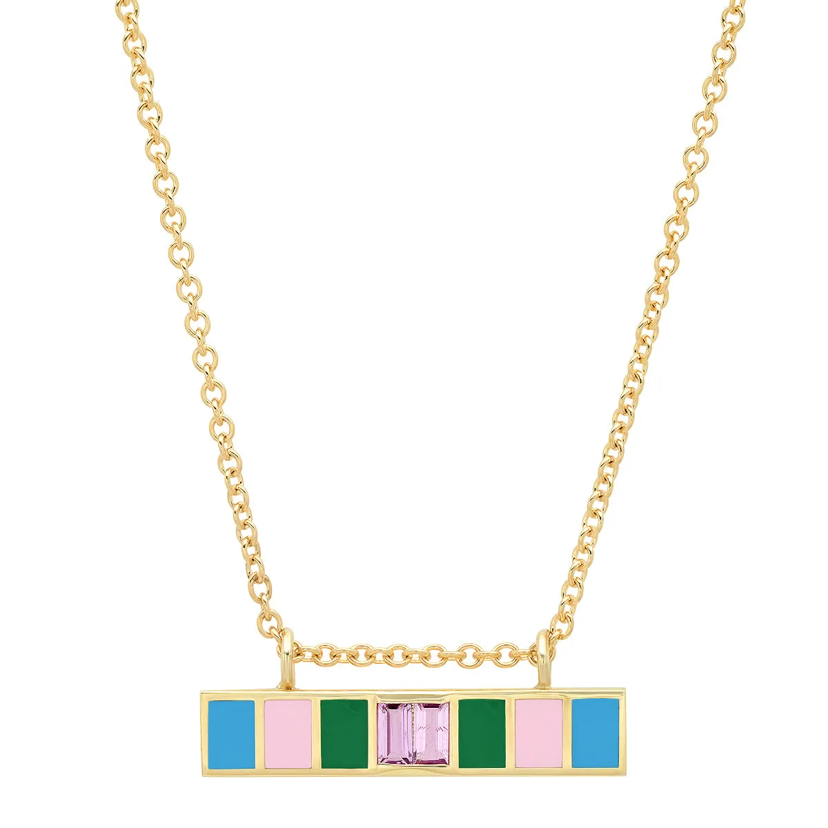 18K YG Loren Pink Sapphire Baguette Enamel Bar Necklace