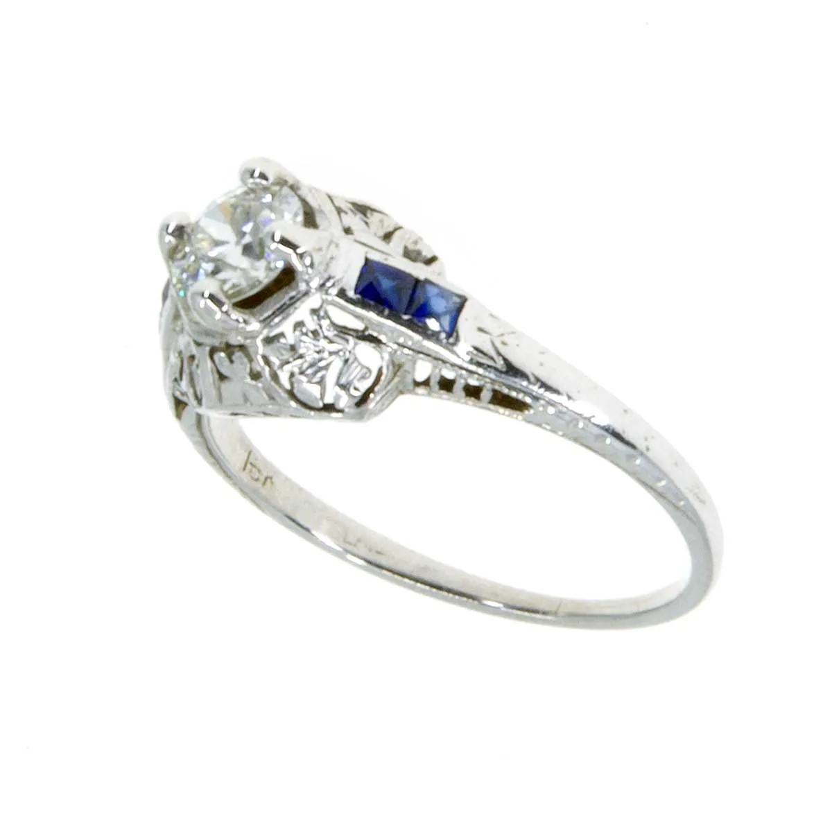 1920s 18K Diamond & Sapphire Filigree Engagement Ring