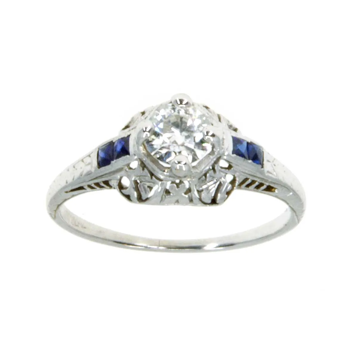 1920s 18K Diamond & Sapphire Filigree Engagement Ring