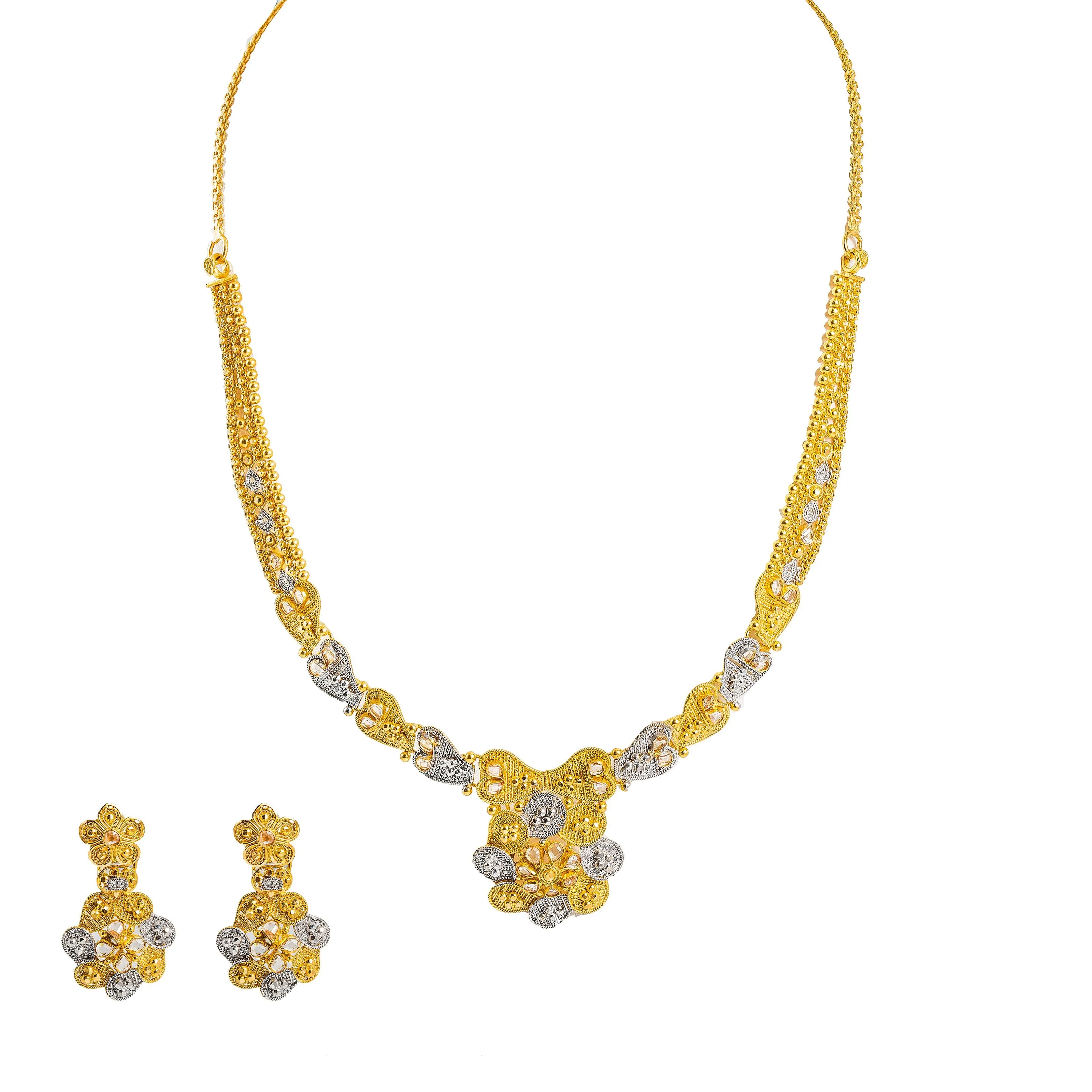 22K Multi Tone Gold Necklace & Earrings Set W/ Beaded Filigree & Mango Detail Flower Pendants