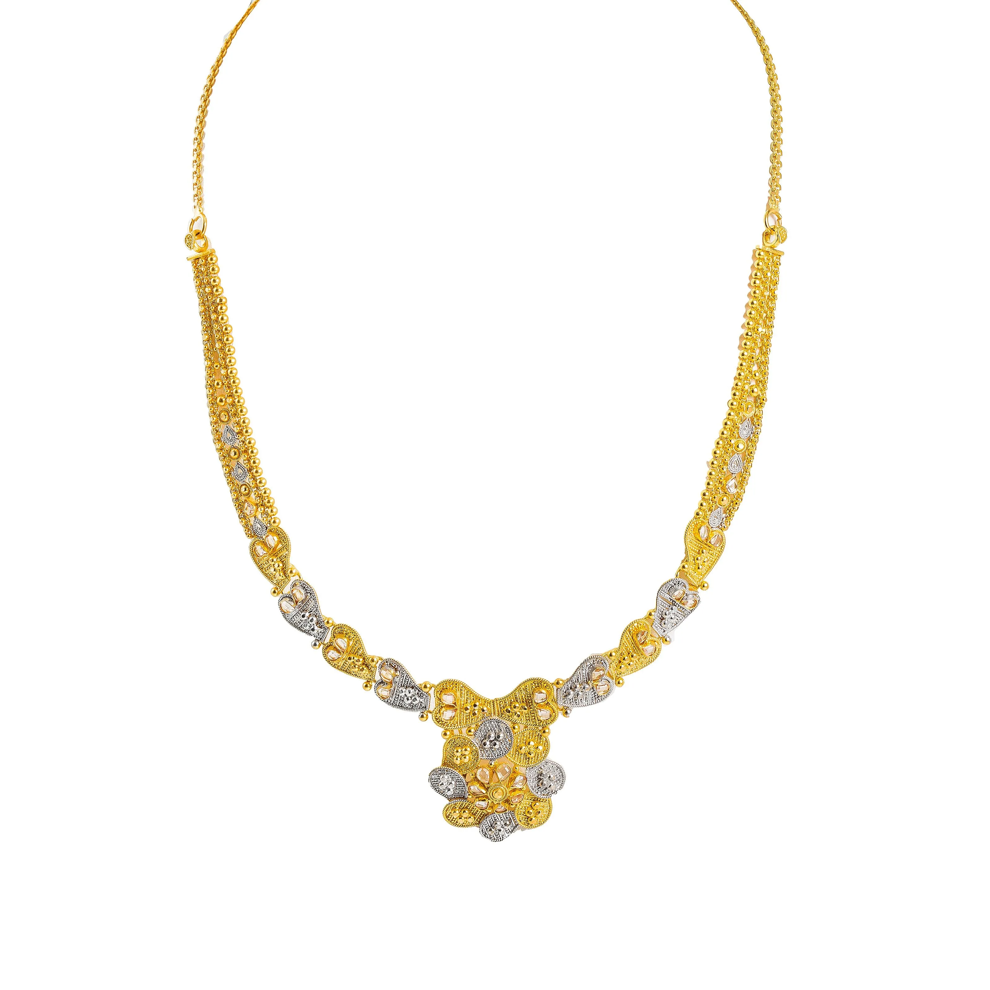 22K Multi Tone Gold Necklace & Earrings Set W/ Beaded Filigree & Mango Detail Flower Pendants