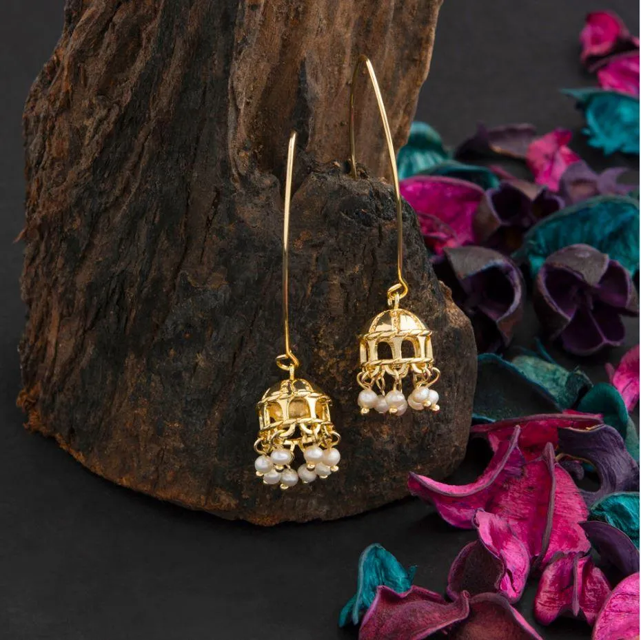 24 Carat Guaranteed Gold Plated Freshwater Natural Cultural Dangle Pearl Jhumka Threader Earring- PER 2141