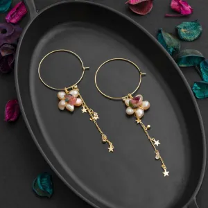 24 Carat Guaranteed Gold Plated Round Shaped Droplet Floral Freshwater Natural Cultural Pearl &amp; Crystal With Star Hanging Chain Fashion Earring-PER 2108