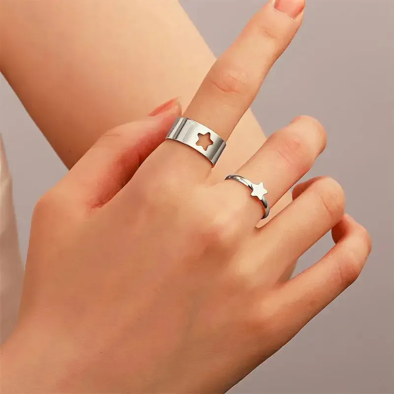 2Pcs Geometric Rings Set For Unisex Creative Vintage Butterfly Punk Open Hollow Couple Rings Wedding Engagement Jewelry