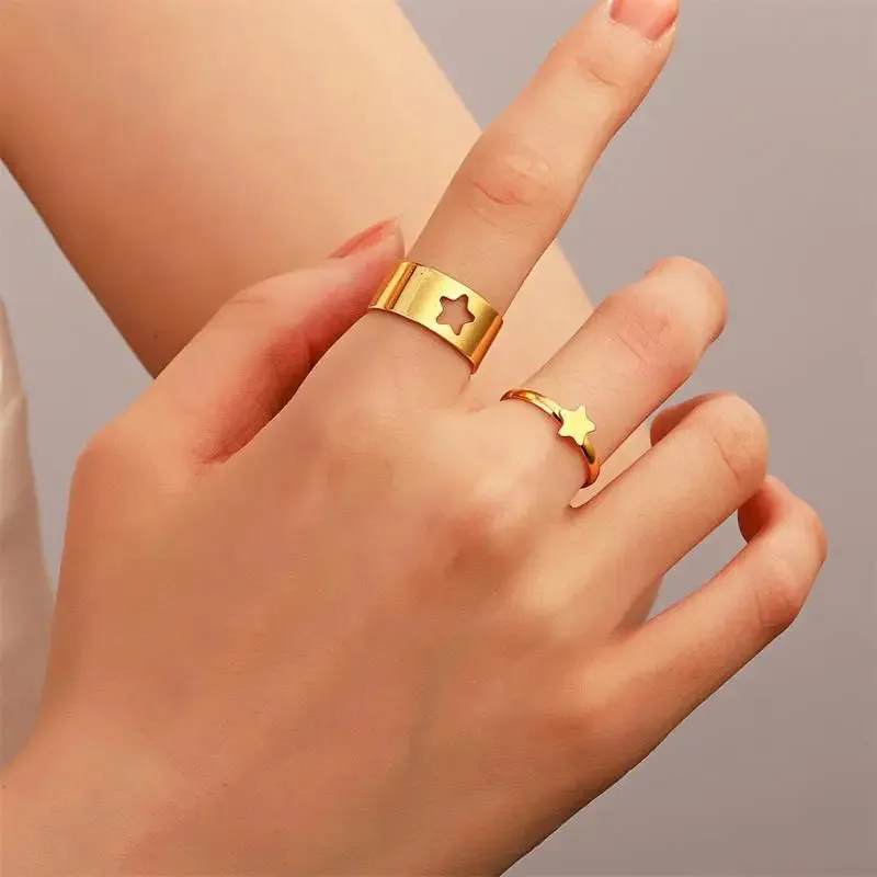 2Pcs Geometric Rings Set For Unisex Creative Vintage Butterfly Punk Open Hollow Couple Rings Wedding Engagement Jewelry