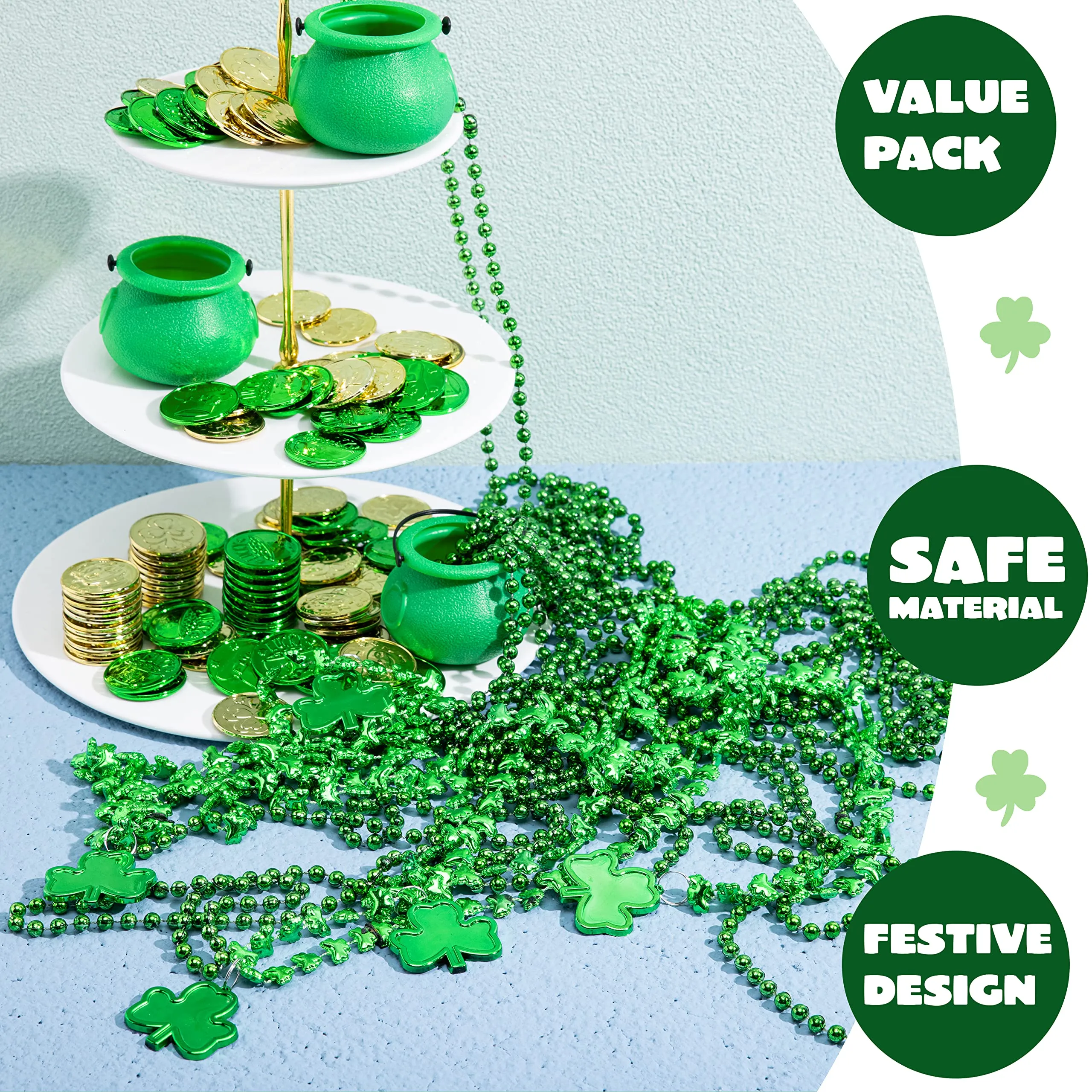 6 PCS St. Patrick's Day Necklaces, Green Bead Necklaces and Shamrock Necklaces, Irish Clover Party Supplies Set for Saint Patrick's Day Dressing-up Accessories