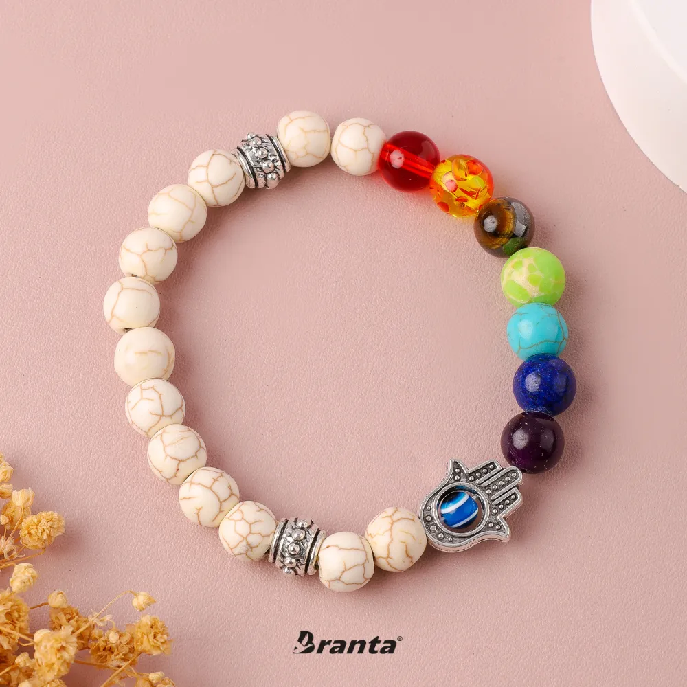 7 Chakra   Howlite White   Silver Hamsa Hand Evil Eye Bracelet For Men