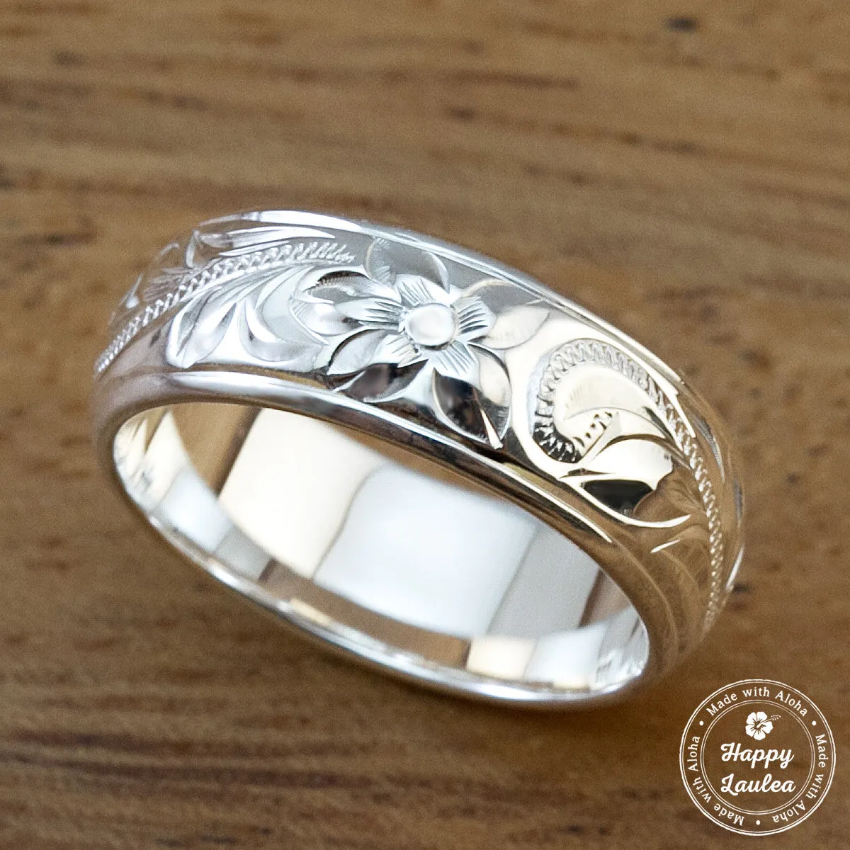 925 Stering Silver Ring Hand Engraved Old English Design with Polished Edges - 6mm-8mm, Dome Barrel, Standard Fitment