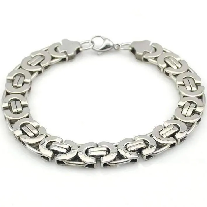 Alpha 11mm Flat Byzantine Link 18K Gold Plated or Stainless Steel Bracelet