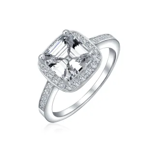 Art Deco Style Asscher Cut Engagement Ring with CZ and Sterling Silver Pave Band