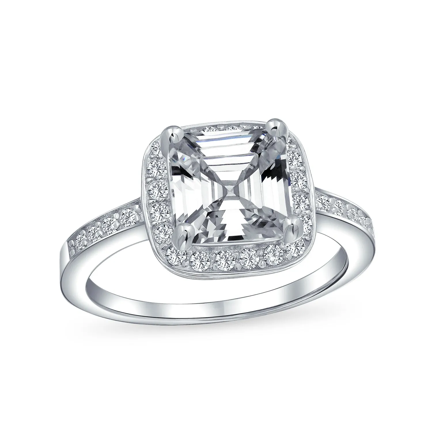 Art Deco Style Asscher Cut Engagement Ring with CZ and Sterling Silver Pave Band