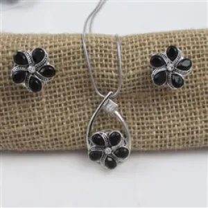 Black Crystal & Silver Flower Pendant Necklace & Earrings