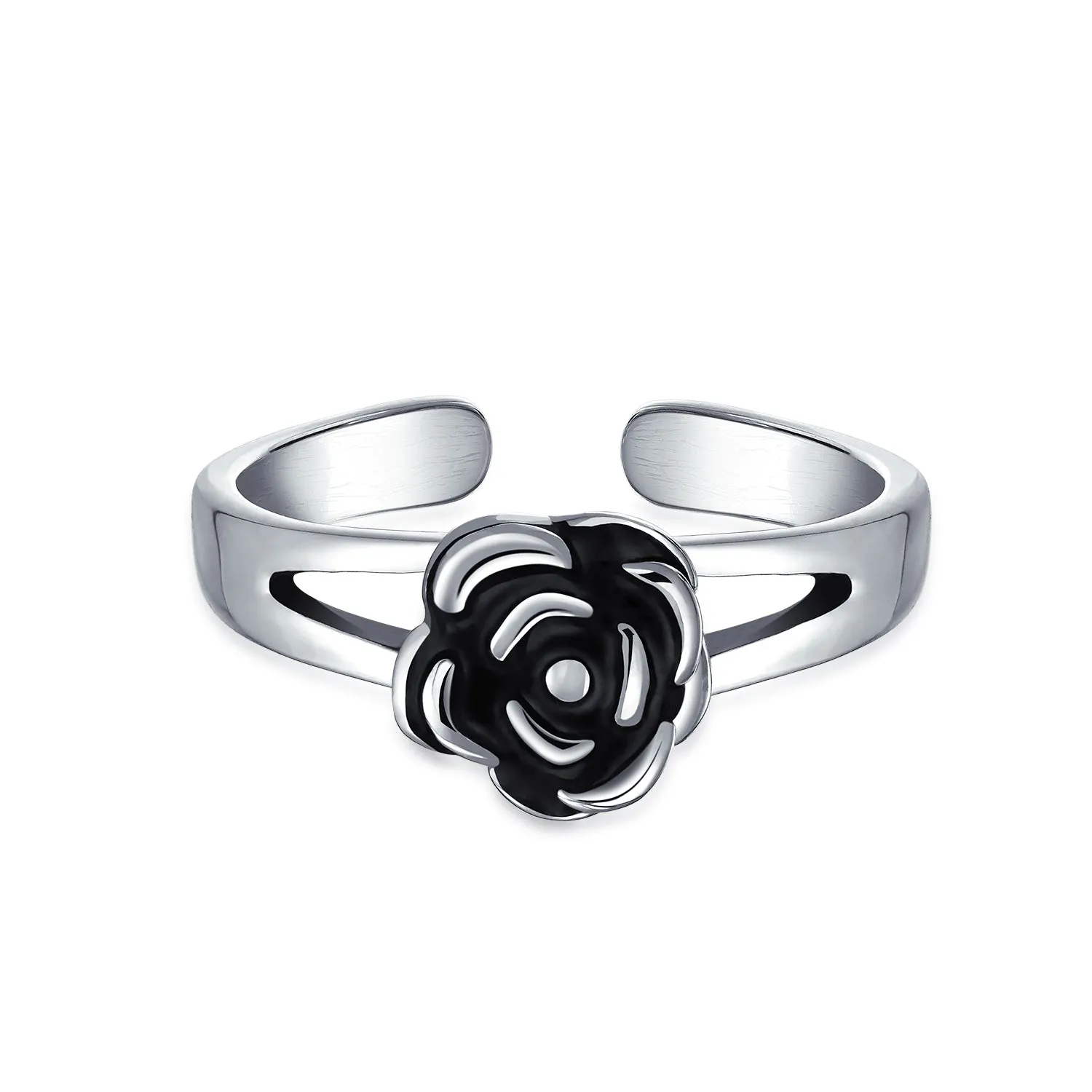 Black Rose Flower Midi Toe Ring Oxidized Silver Sterling Split Band