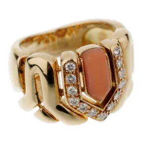 Boucheron Vintage Coral Diamond Yellow Gold Ring Sz 4 1/2