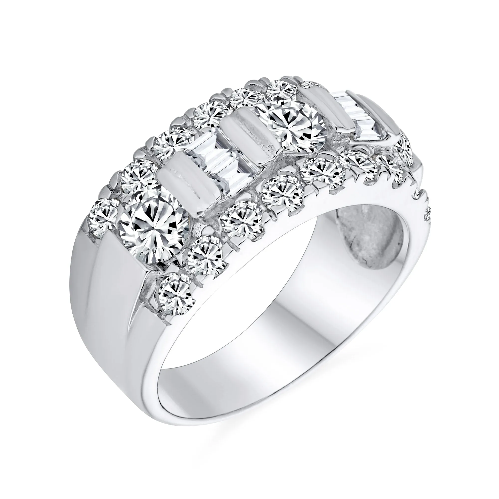 Channel Set CZ Alternating Round Baguette Cocktail Statement Ring in Sterling Silver