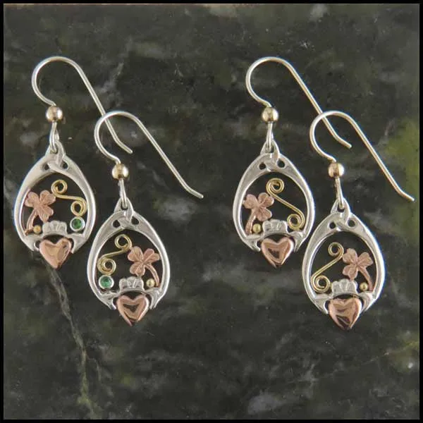 Claddagh & Shamrock Drop Earrings in Silver and Gold