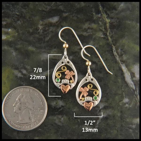 Claddagh & Shamrock Drop Earrings in Silver and Gold