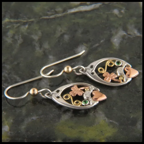 Claddagh & Shamrock Drop Earrings in Silver and Gold