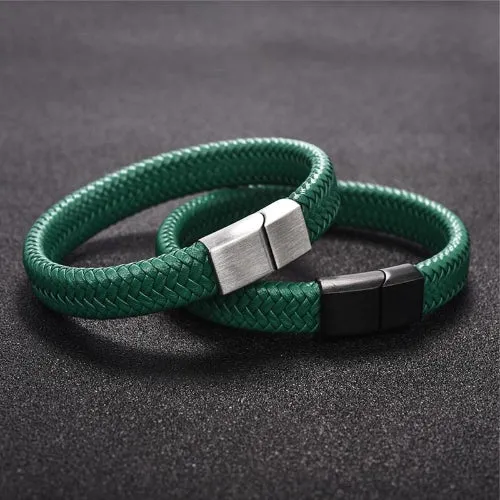 Classy Men Green Braided Leather Bracelet