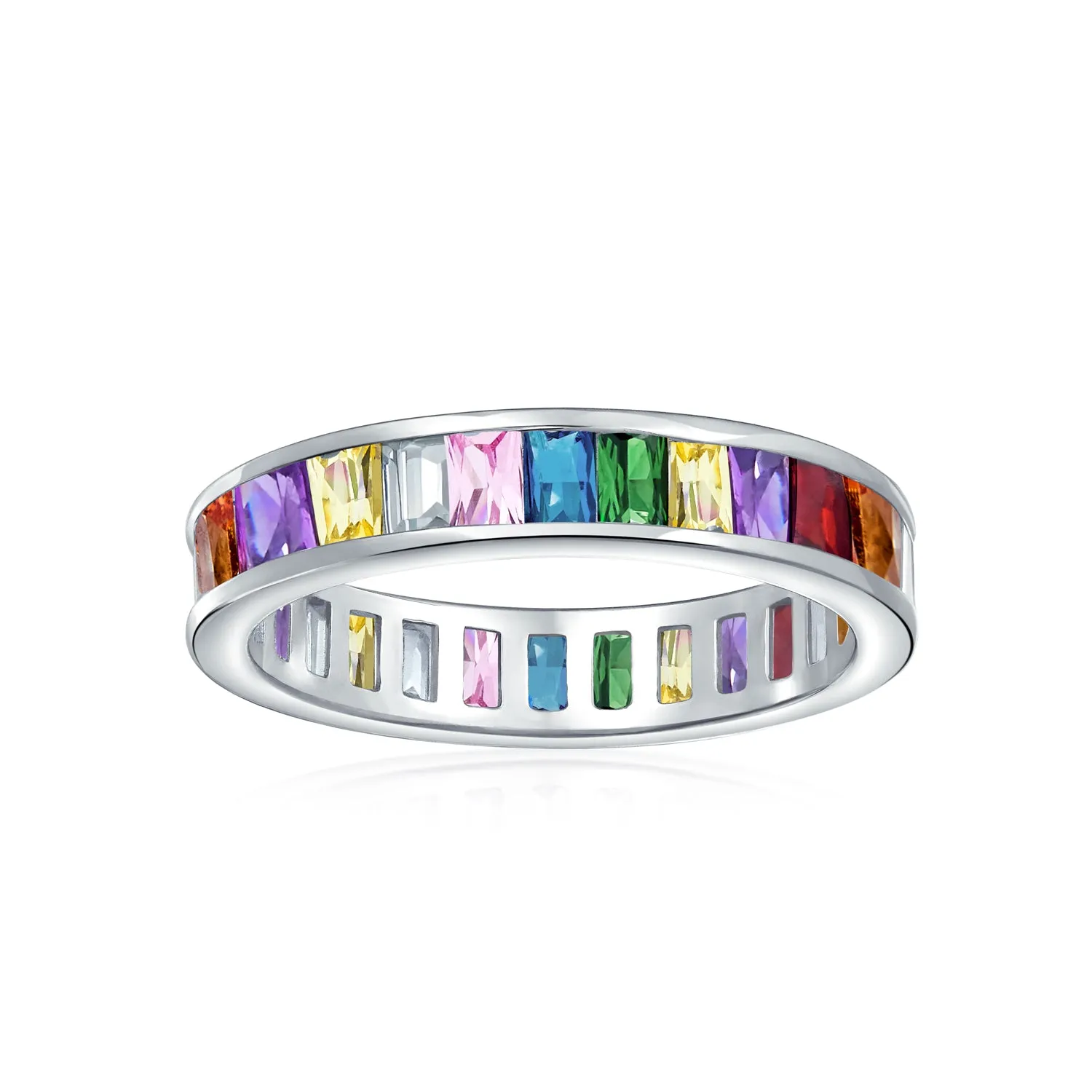 Cubic Zirconia Rainbow Cocktail Statement Ring Emerald Cut Baguette CZ Band