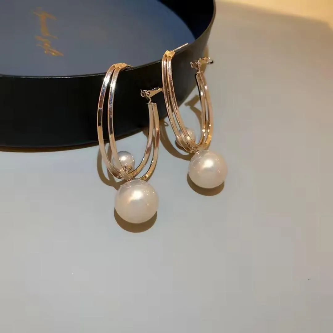 Double Hoop Pearl Drop Earrings