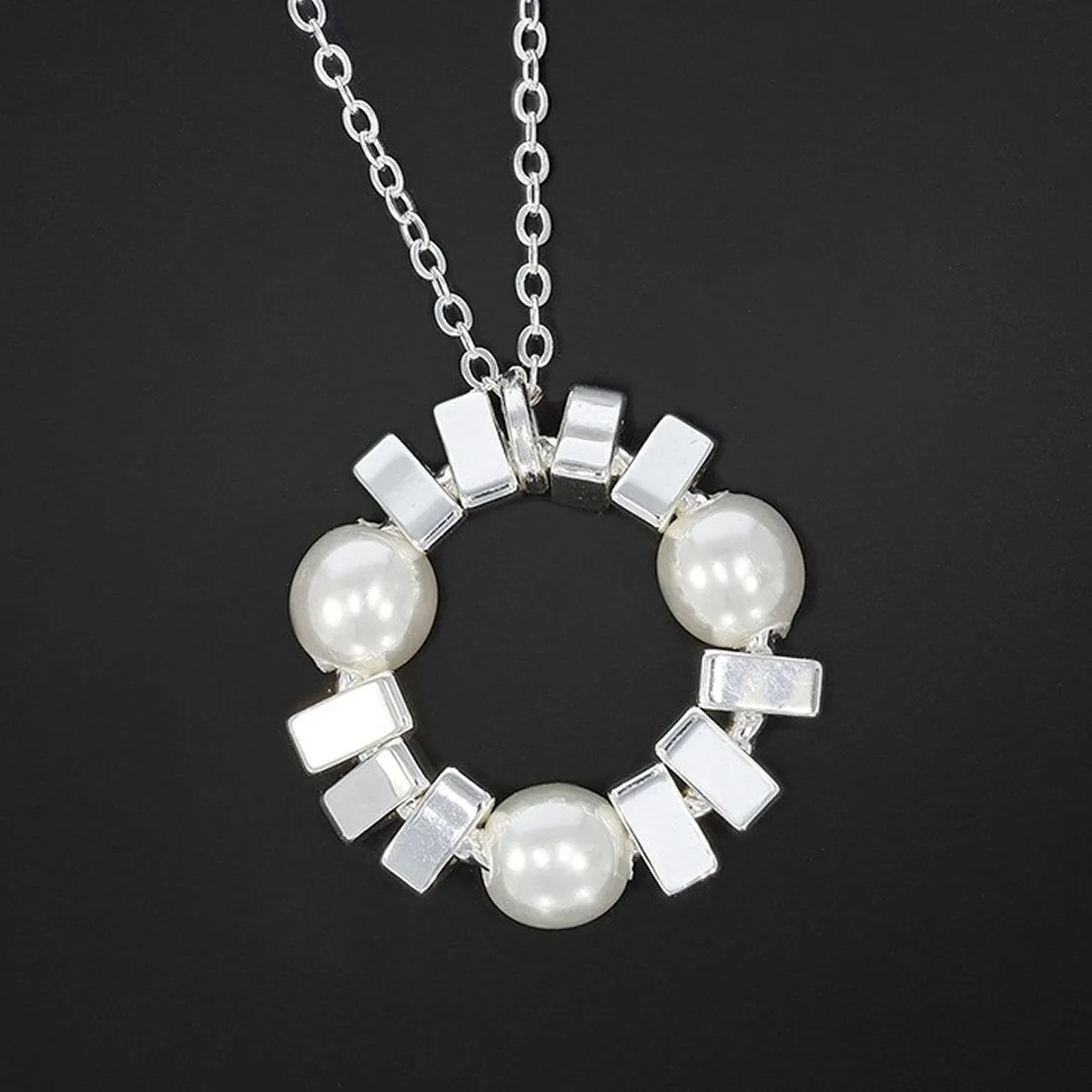 Equilibrium Silver Plated Contemporary Pearl Circle Necklace