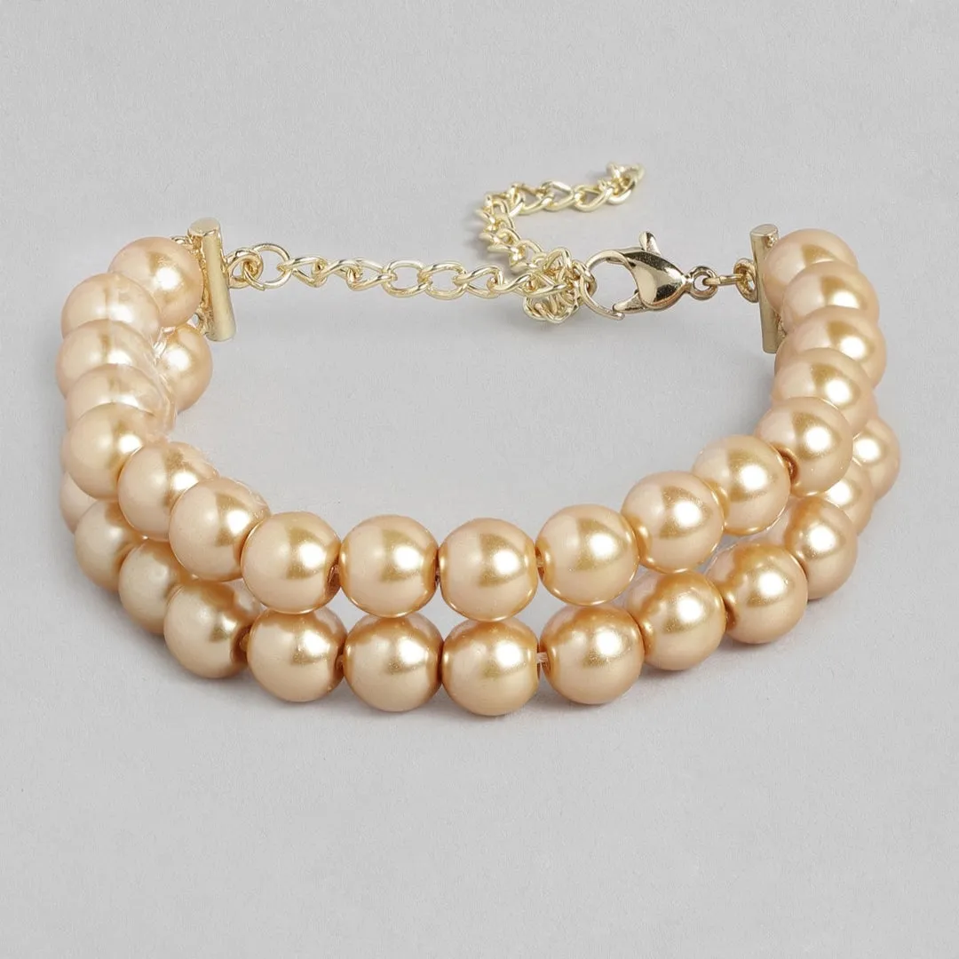 Estele Gold Plated Elegant & Modern Two-Line Glowing Golden Pearl Bracelet for Girls & Women