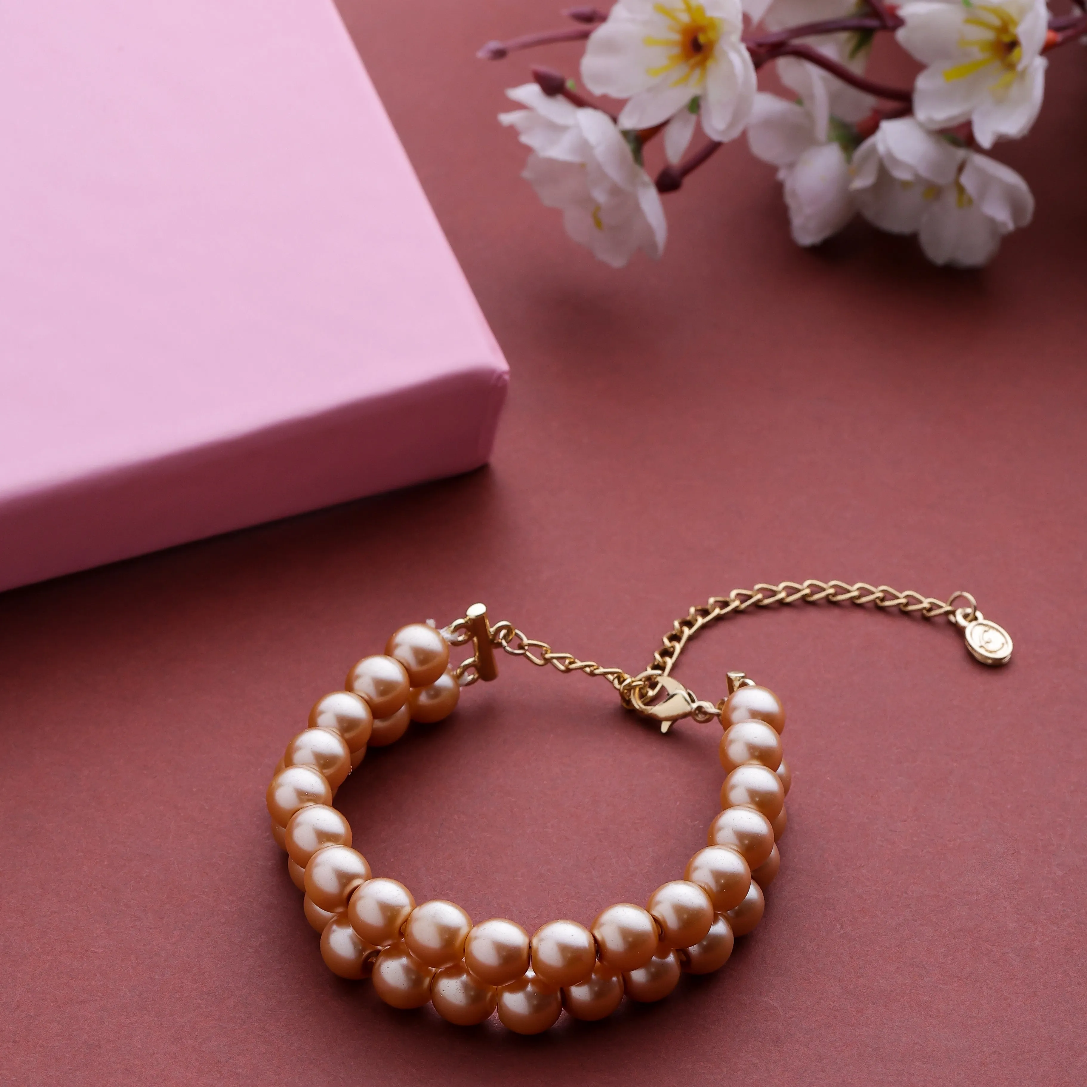 Estele Gold Plated Elegant & Modern Two-Line Glowing Golden Pearl Bracelet for Girls & Women