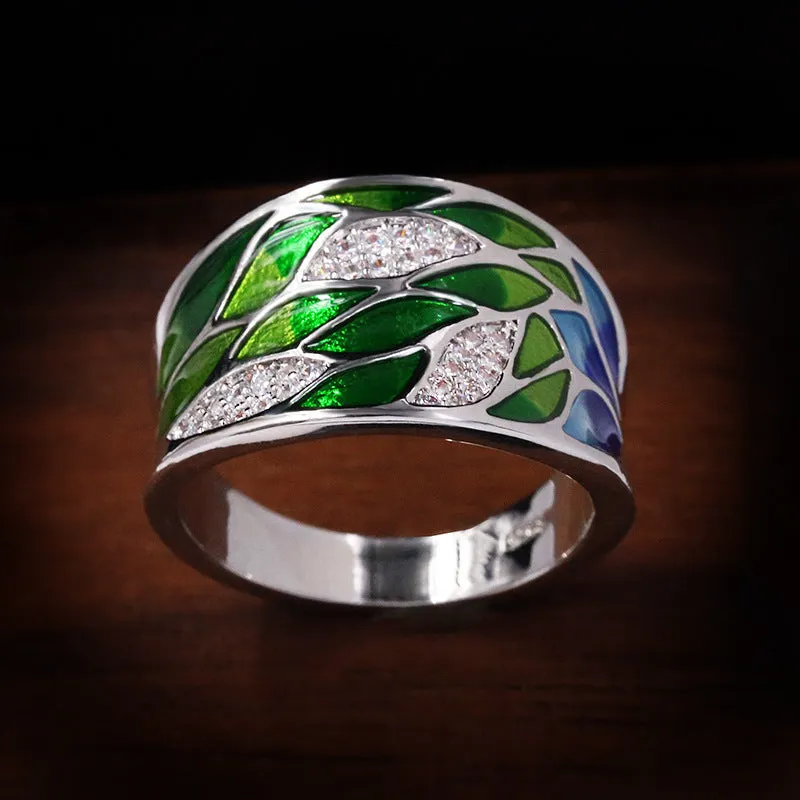 Fashion Jewelry Green Leaves Enamel Band Ring with Zircon in 925 Sterling Silver