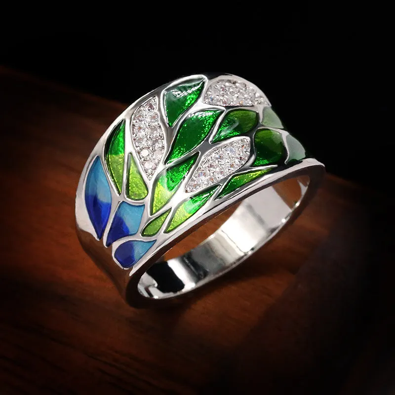 Fashion Jewelry Green Leaves Enamel Band Ring with Zircon in 925 Sterling Silver