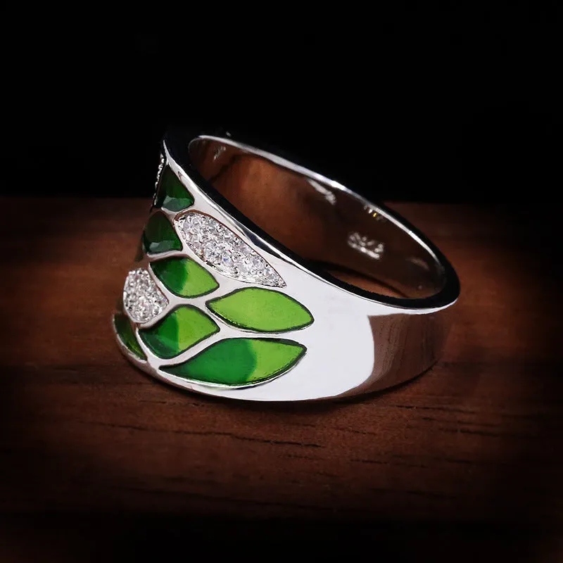 Fashion Jewelry Green Leaves Enamel Band Ring with Zircon in 925 Sterling Silver