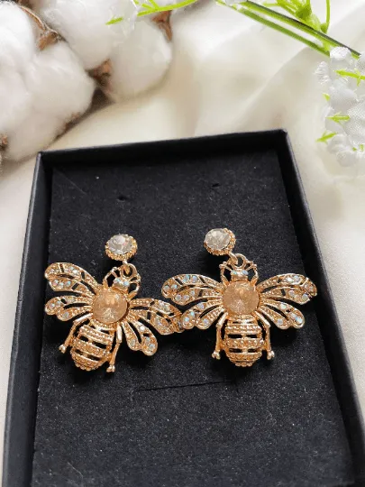 Fauna - Golden Honey bee earrings with yellow rhinestones| Dainty diamante bee earrings | glitter drop luxury earrings | insect dangly earrings