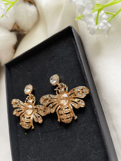 Fauna - Golden Honey bee earrings with yellow rhinestones| Dainty diamante bee earrings | glitter drop luxury earrings | insect dangly earrings