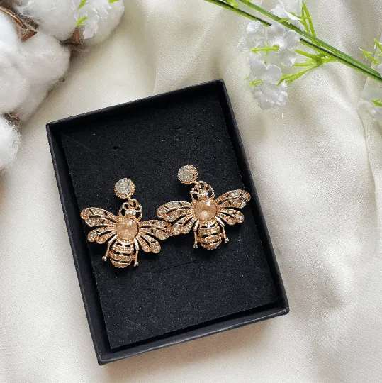 Fauna - Golden Honey bee earrings with yellow rhinestones| Dainty diamante bee earrings | glitter drop luxury earrings | insect dangly earrings