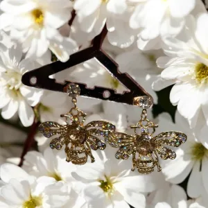 Fauna - Golden Honey bee earrings with yellow rhinestones| Dainty diamante bee earrings | glitter drop luxury earrings | insect dangly earrings