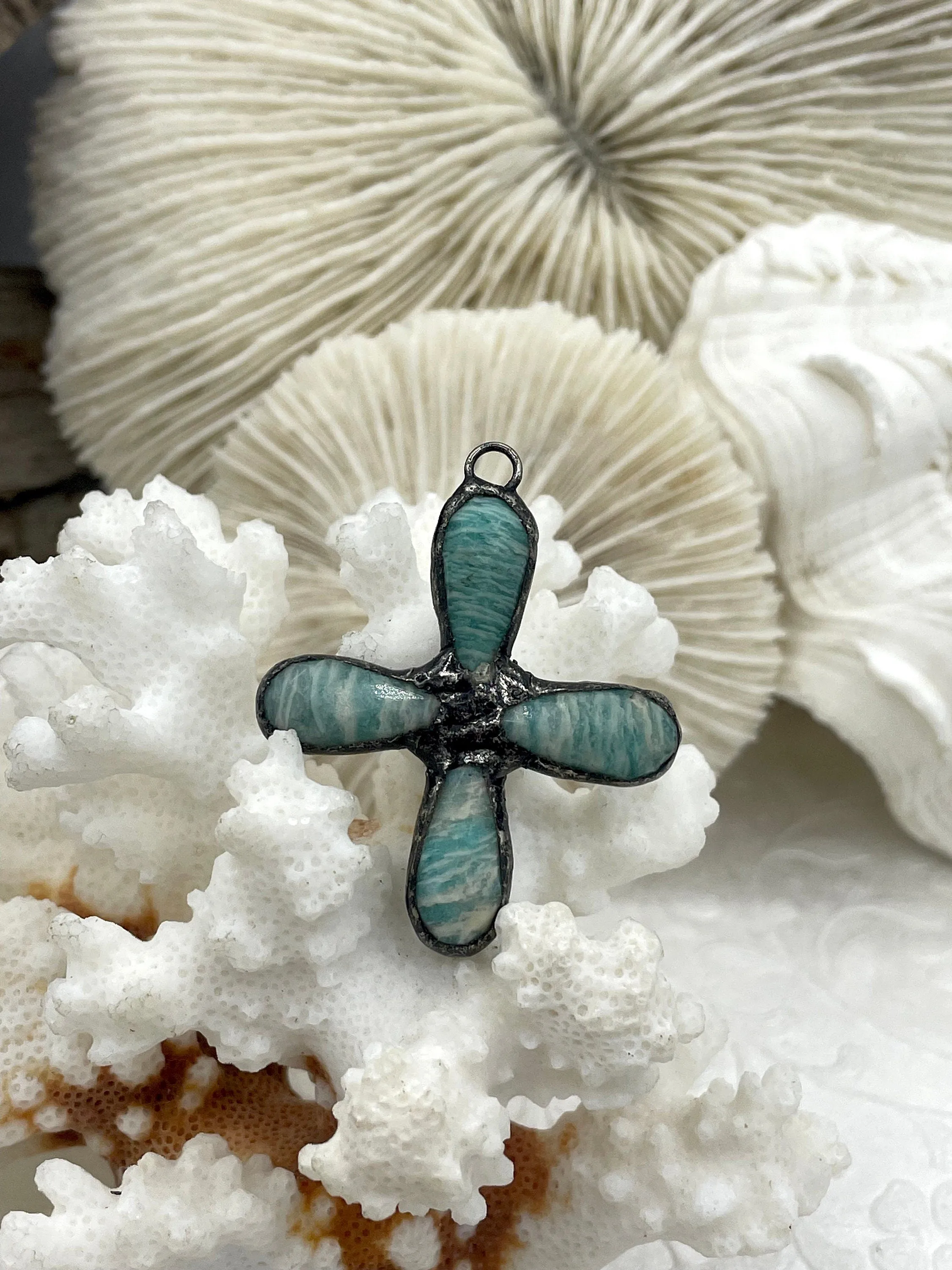 Flower Shaped Soldered Amazonite Stone Pendants, Flower Shape Stone Pendants with Gunmetal Soldering, All Unique Natural Stones, Fast Ship.