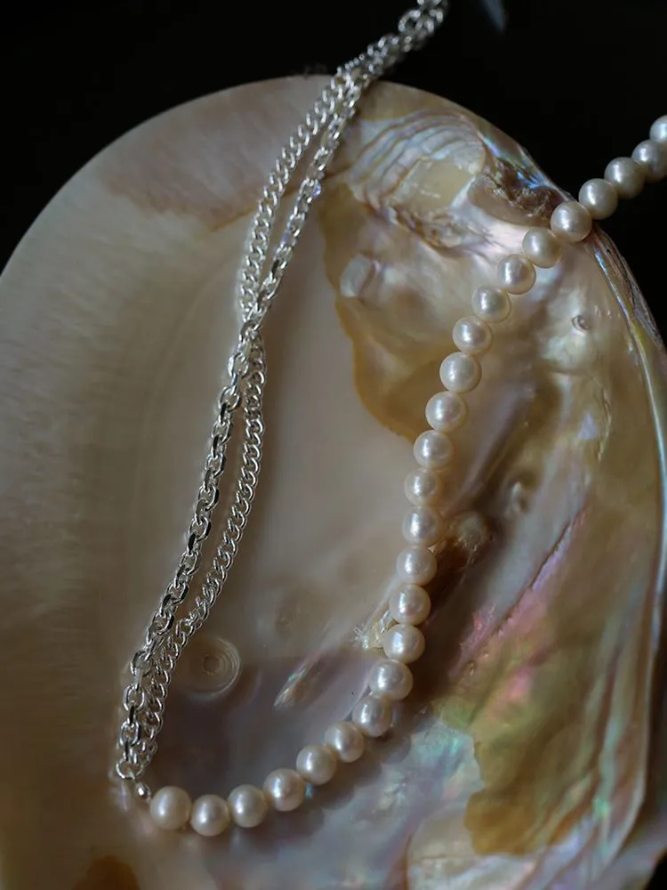 Freshwater Pearl Panel Chain Silver Necklace