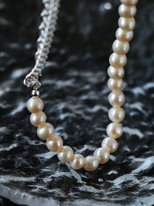 Freshwater Pearl Panel Chain Silver Necklace