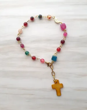 Gemstone Rosary Bracelet with Yellow Mother of Pearl Cross