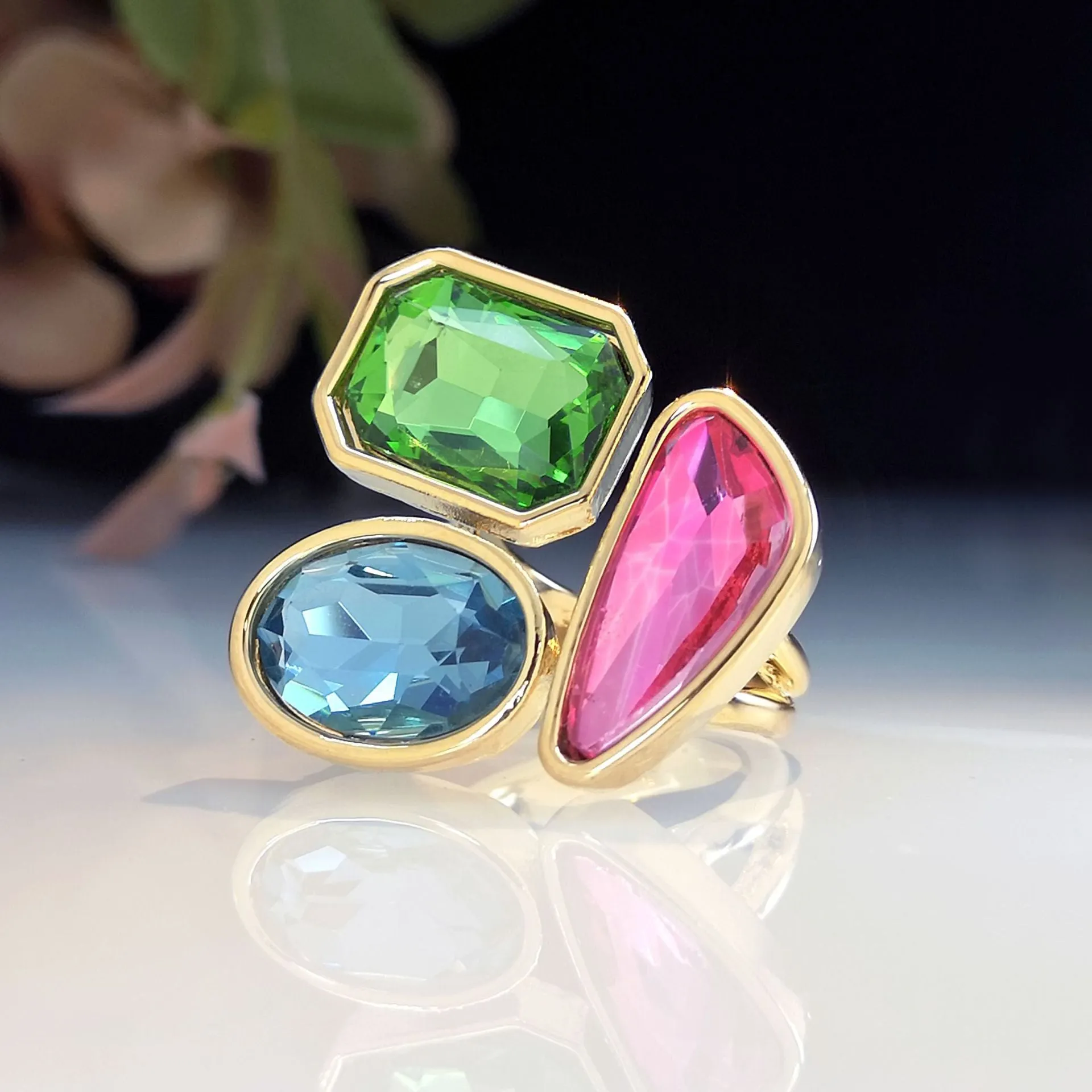 Geometrical Shaped Tri Gemstone  Multicolor Rings JLTR0375