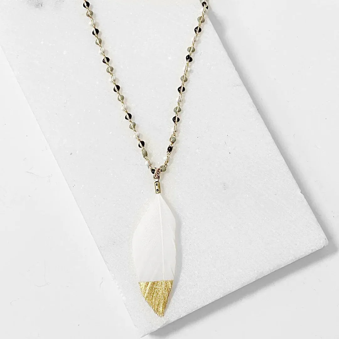 Gold Dipped Feather, Enamel Dot 14K Gold Filled Necklace