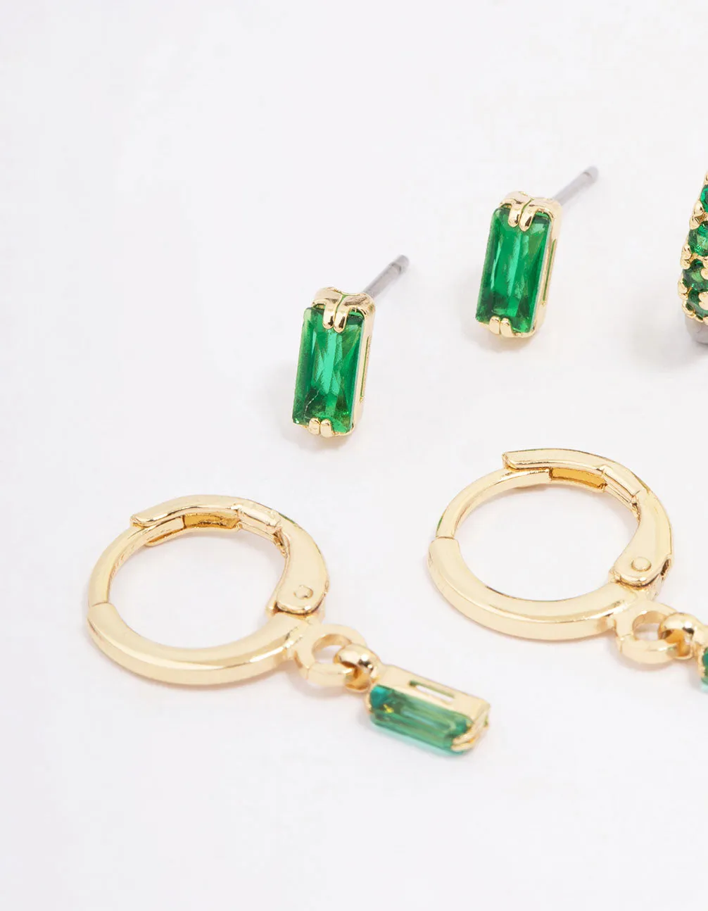 Gold Plated Baguette Emerald Stud & Hoop Earring 3-Pack